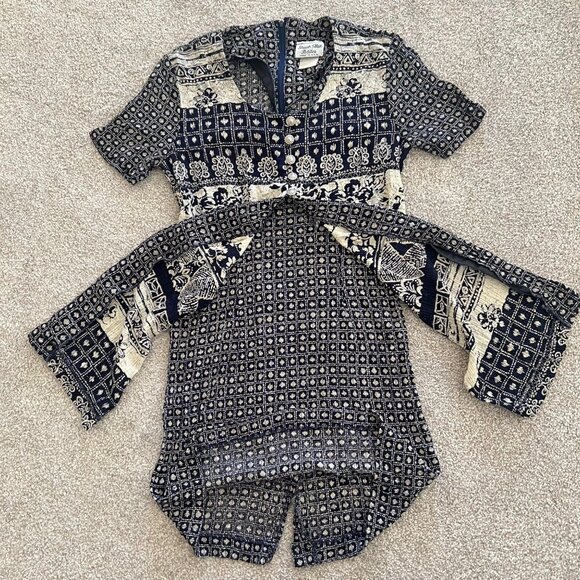 Vintage 90s Stuart Alan Boho Split Hem Geometric Floral Henley Button Dress P6 - Picture 7 of 13